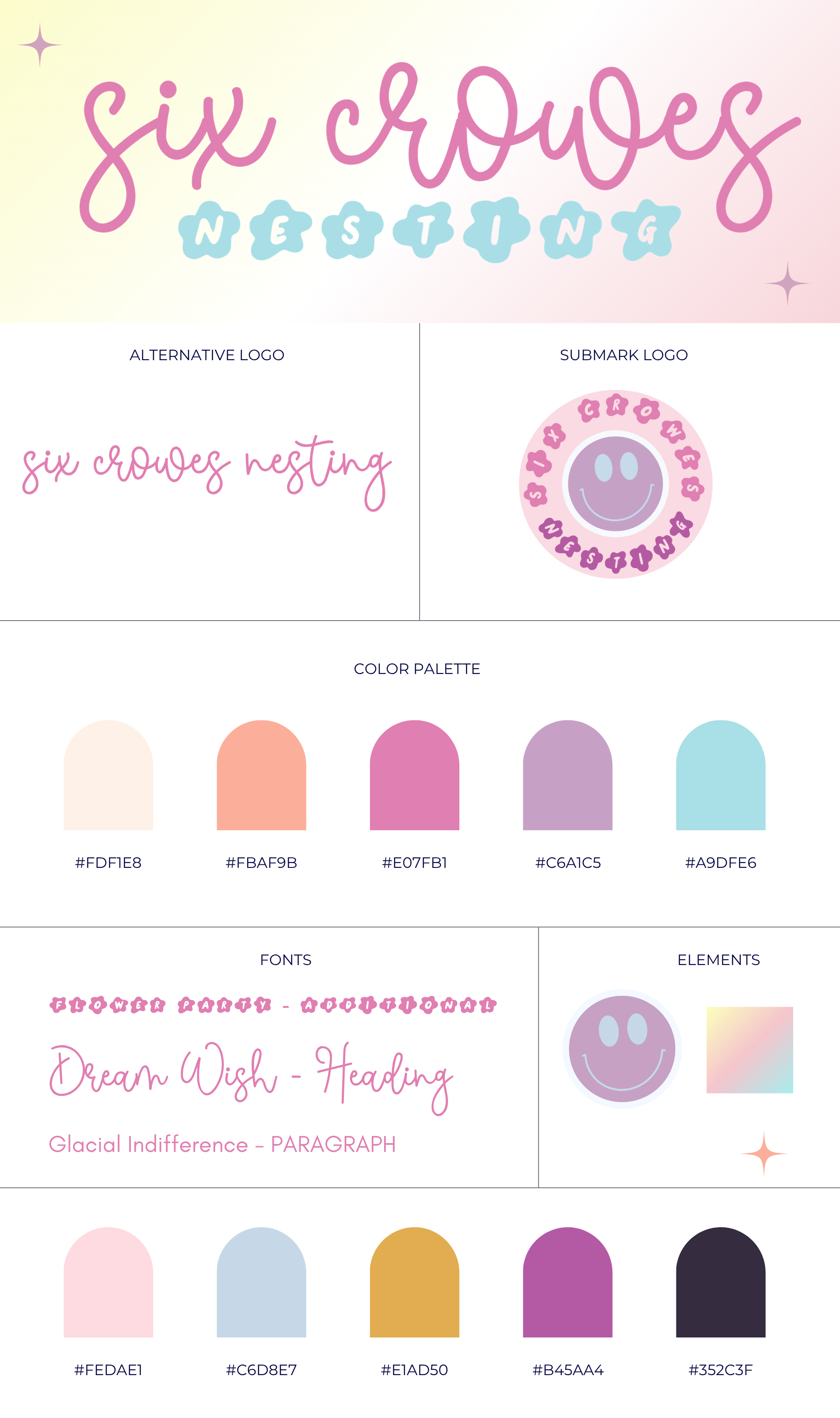 Color palette and logo designs for 'Six Crowes Nesting' featuring pink, blue, purple, peach, and black colors with various logo and font styles.