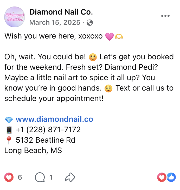 A social media post from Diamond Nail Co. promoting weekend appointments for nail art services, including options like Diamond Pedi. The post includes contact details, address in Long Beach, MS, and a cheerful message with emojis.