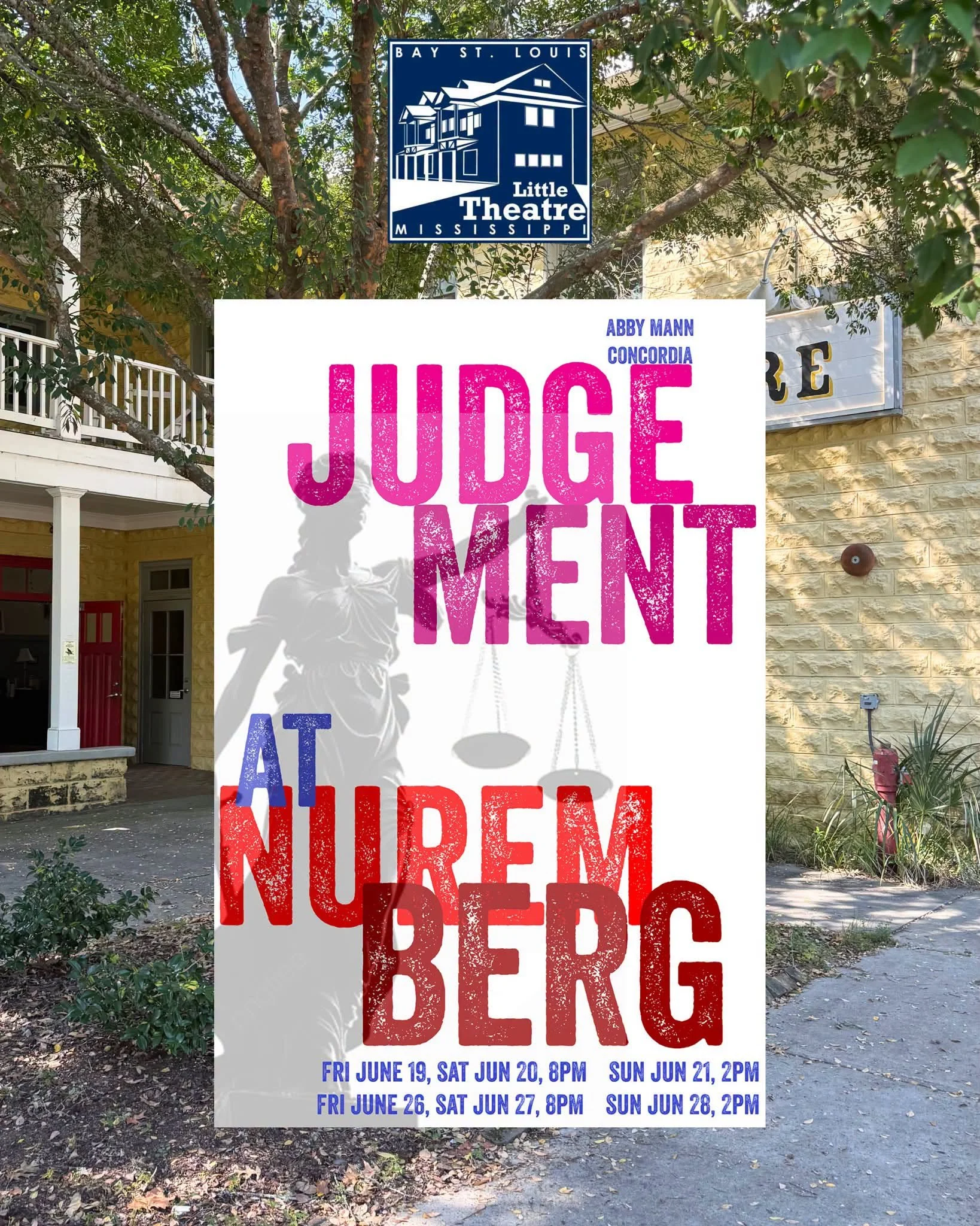 Poster for a summer outdoor theatre event featuring 'Judge Vent Menu' at the Little Theatre in Mississipi, with specific dates and times listed at the bottom.