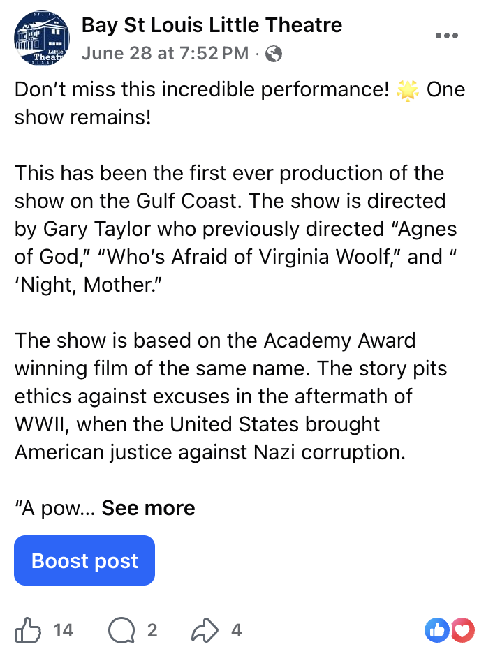 Facebook post from Bay St Louis Little Theatre promoting upcoming show, with text about the production, its director, and its historical background.
