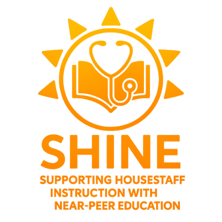 Graphic logo with a stylized sun, an open book, and a stethoscope. Text reads 'SHINE Supporting Housestaff Instruction with Near-Peer Education' in orange.