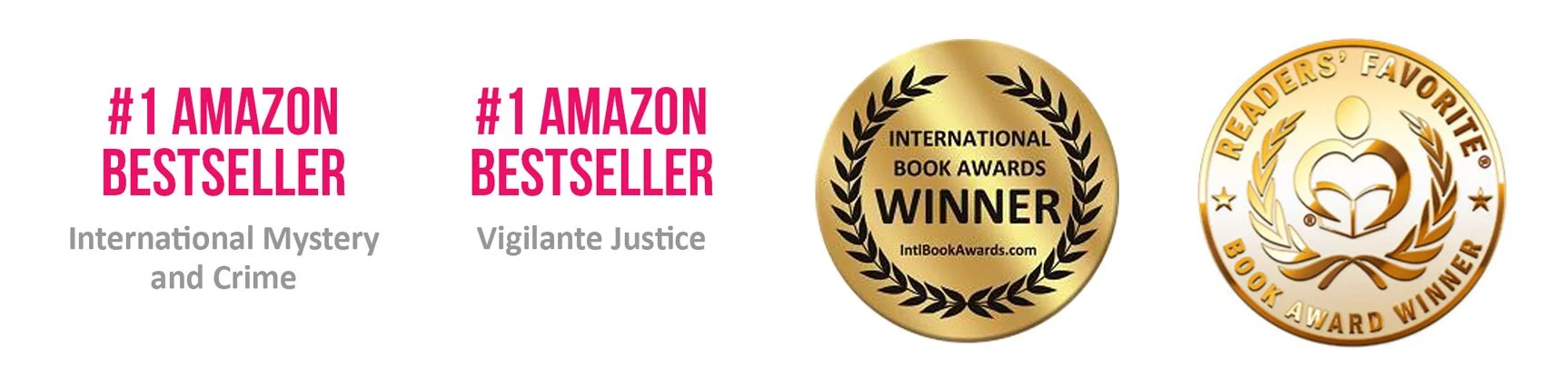 Four awards are listed, a #1 Amazon Bestseller in two categories, a seal for an International Book Awards Winner, and a seal for Readers' Favorite Book Award Winner