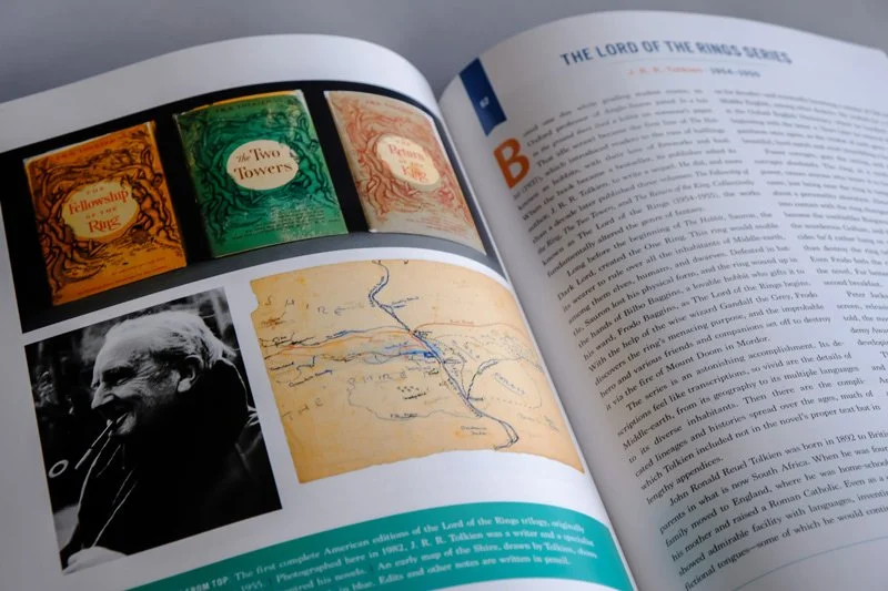 The image shows a book open to a page about "The Lord of the Rings" series, featuring three covers of the book in varying colors (green, brown, and orange) at the top, a map related to the series below them, and a black-and-white photo of a man.