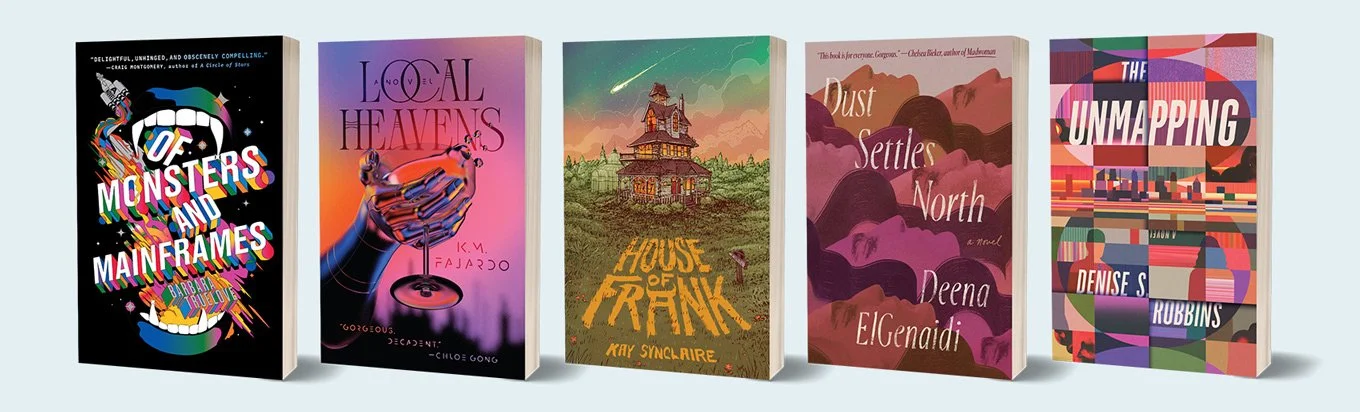 Five paperbacks published by Bindery Books: Of Monsters and Mainframes, Local Heavens, House of Frank, Dust Settles North, and The Unmapping