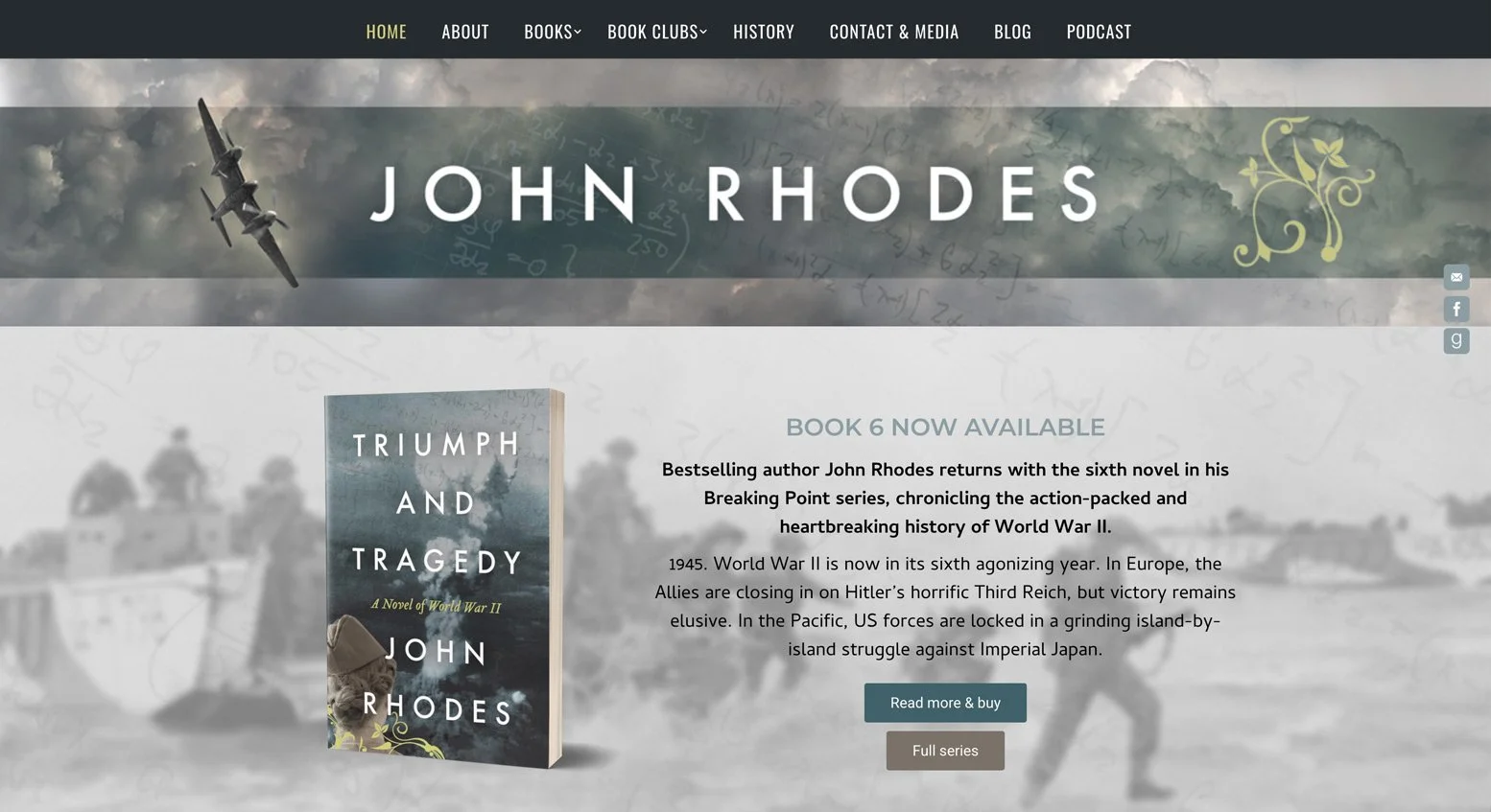 A screenshot of the homepage of John Rhodes's website, featuring his latest novel, Triumph and Tragedy
