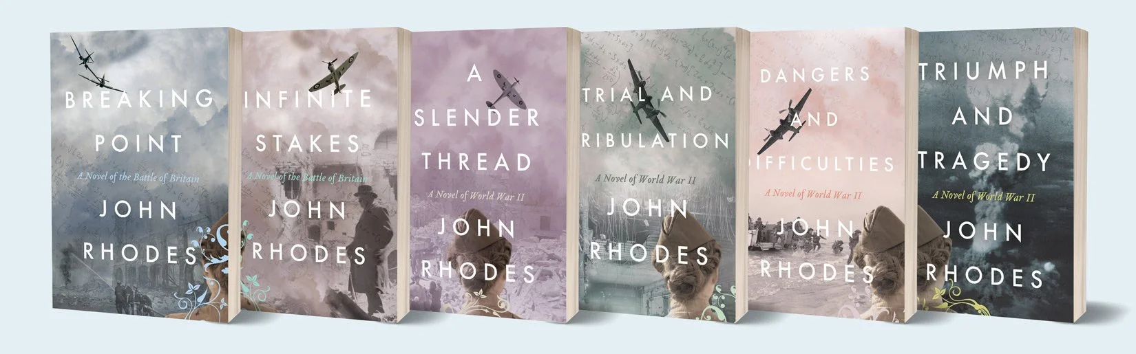 Six paperback books standing in a row, a WWII fiction series by John Rhodes