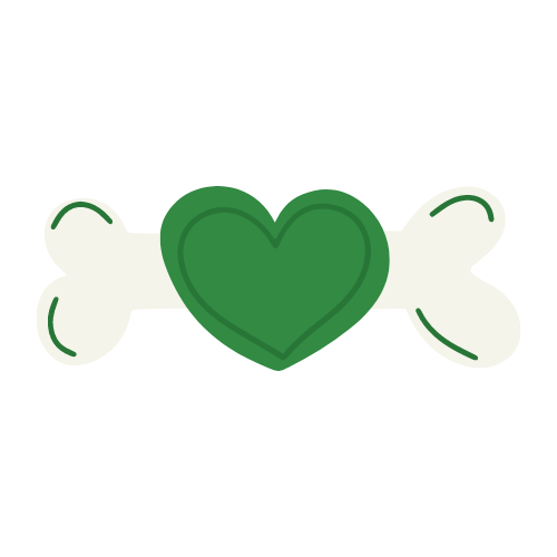 Icon of a white dog bone with a green heart.