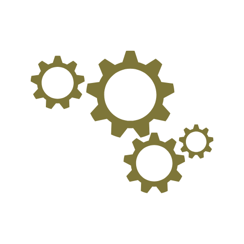 Four brown gears interconnected on a white background