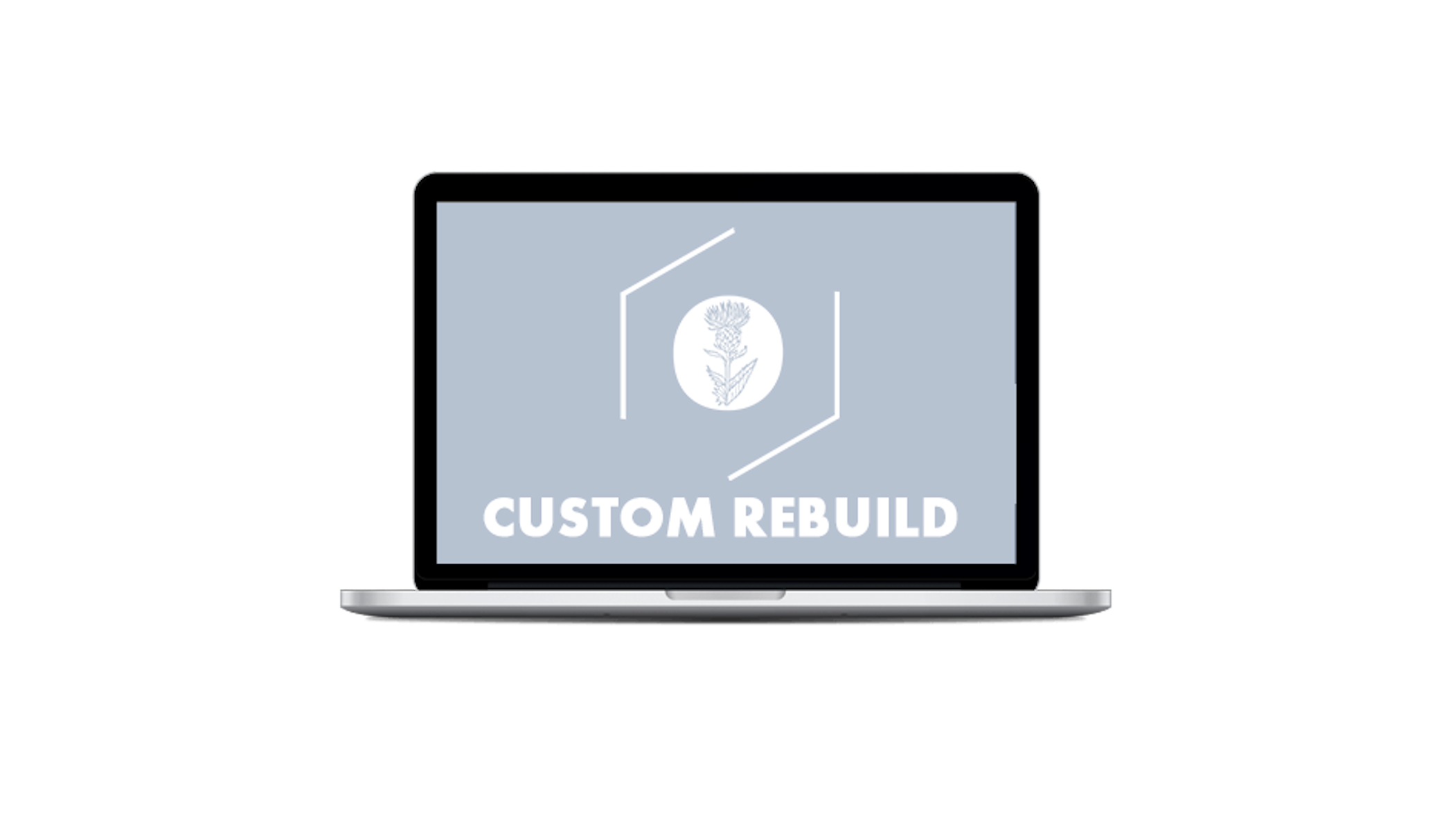 A laptop displaying a screen with an abstract floral design inside a hexagon shape and the text 'CUSTOM REBUILD' below it.