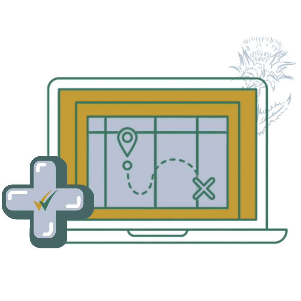 Illustration of a tablet displaying a treasure map with a dotted path from a location pin to an X, and a large gray cross icon with a checkmark in the lower left corner.