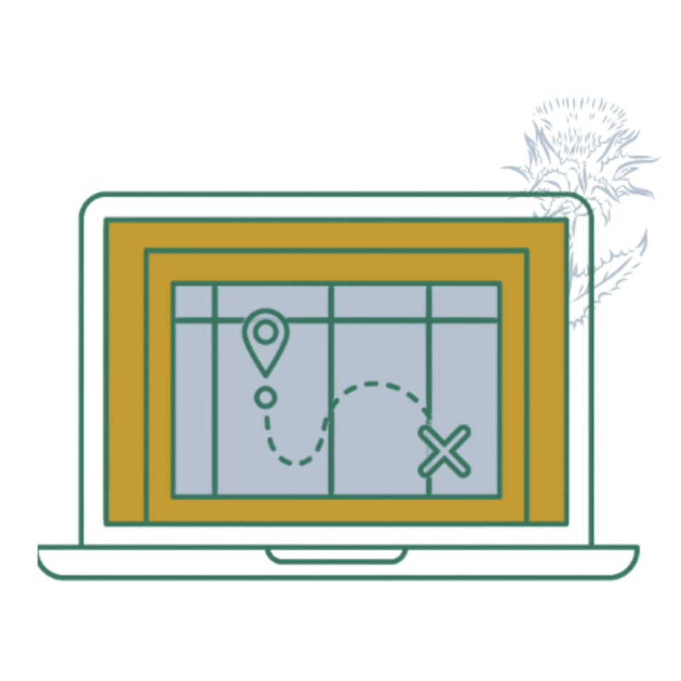 Illustration of a laptop displaying a map with a path from a start point to a destination, marked with a location pin and an X.