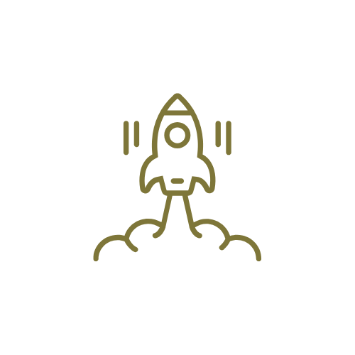 Simple line drawing of a rocket launching with smoke and motion lines.