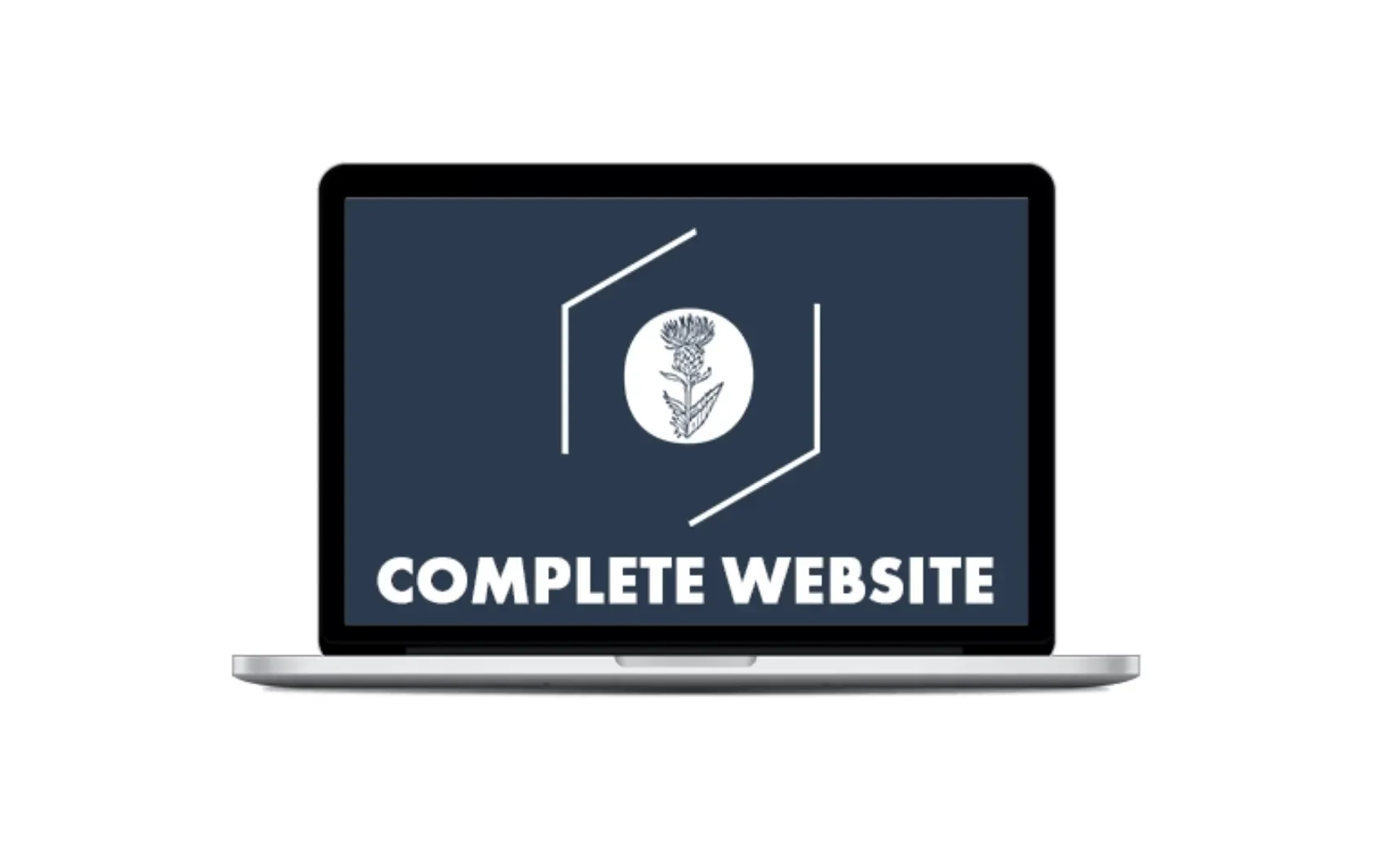 Laptop with a dark blue screen displaying a logo of a plant inside a white oval and the text 'Complete Website' in bold white letters.