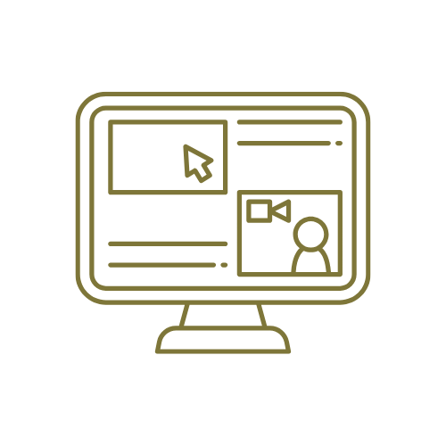 Line drawing of a computer monitor displaying a video call with a person, a video camera icon, and a cursor arrow.
