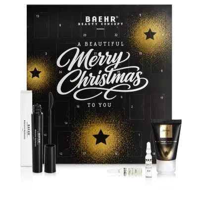 Das Bild zeigt eine festliche Adventskalender-Box mit Weihnachtsdesign, die verschiedene Schönheits- und Hautpflegeprodukte enthält, darunter Serum, Creme und andere Kosmetika, mit der festlichen Grußbotschaft 'A Beautiful Merry Christmas to You'.