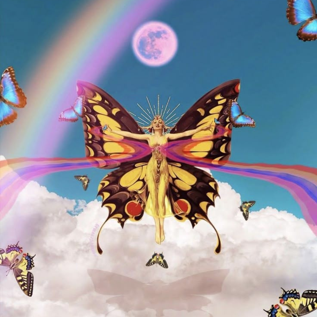 A fantasy scene with a woman with butterfly wings and a crown, flying among butterflies, clouds, a rainbow, and the moon in a sky with rainbow-colored light trails.