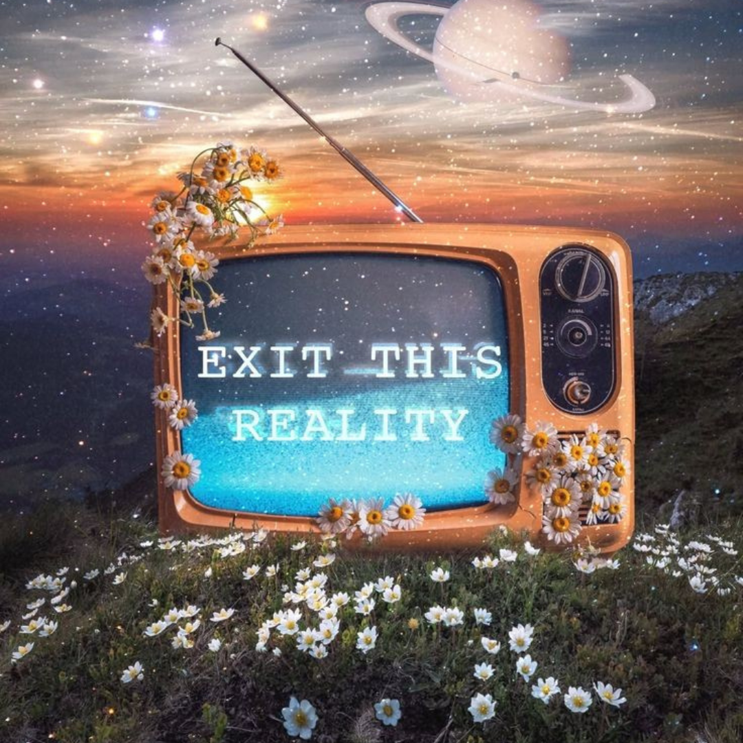 A vintage television surrounded by daisies, displaying the message "Exit This Reality" on its screen. The background features a surreal cosmic sky with a planet and rings, with a sunset over mountains and flowers in the foreground.