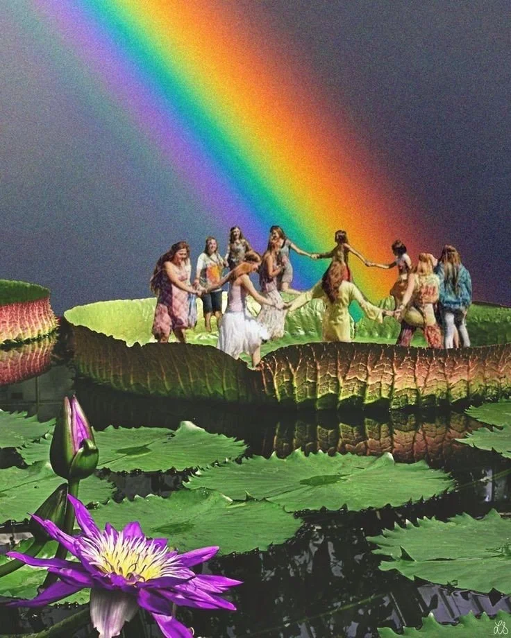 A group of people holding hands and dancing on a large floating lily pad under a rainbow in a pond with blooming water lilies.