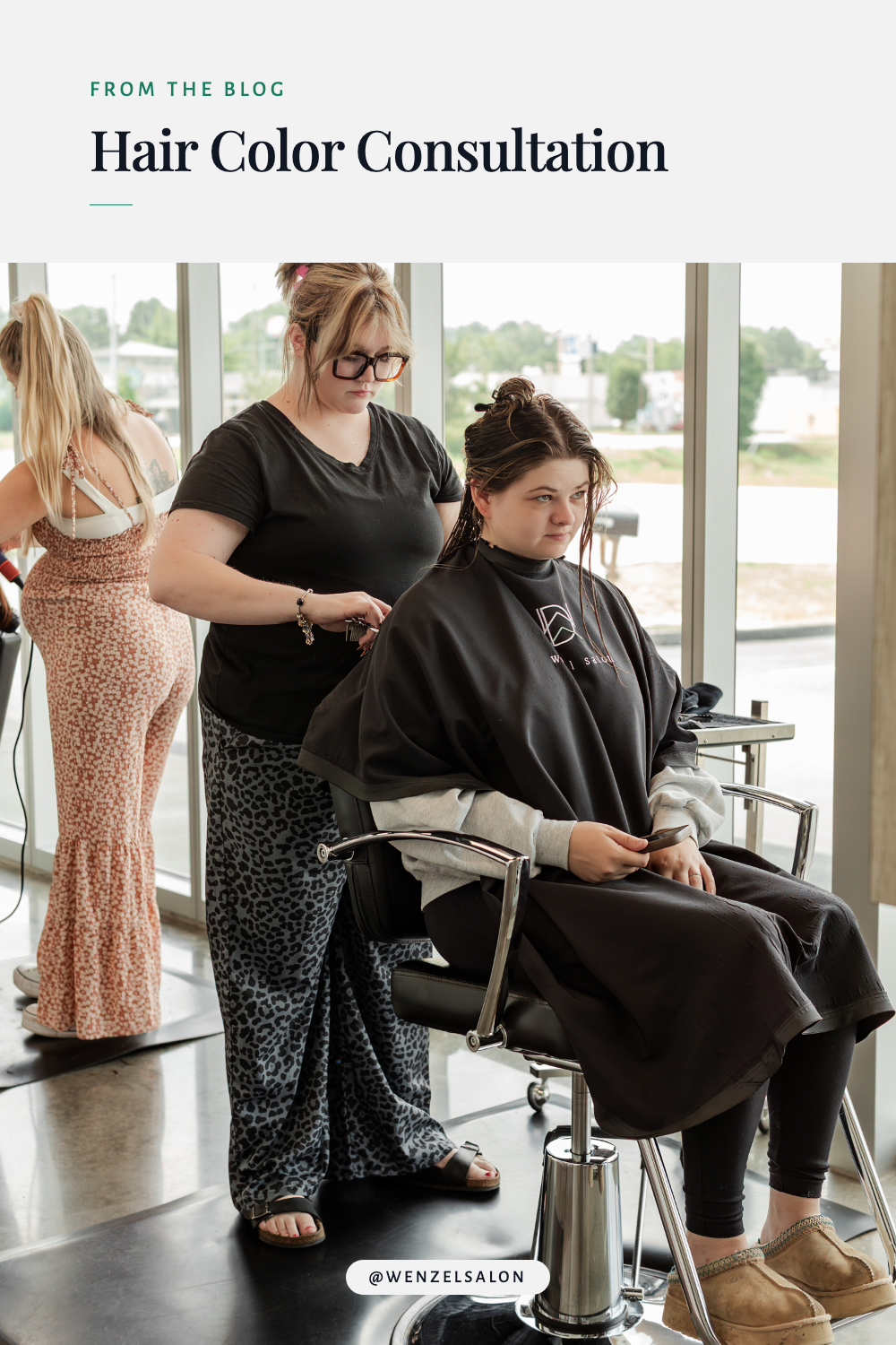 Hair Color Consultation guide with a stylist and client at Wenzel Salon.