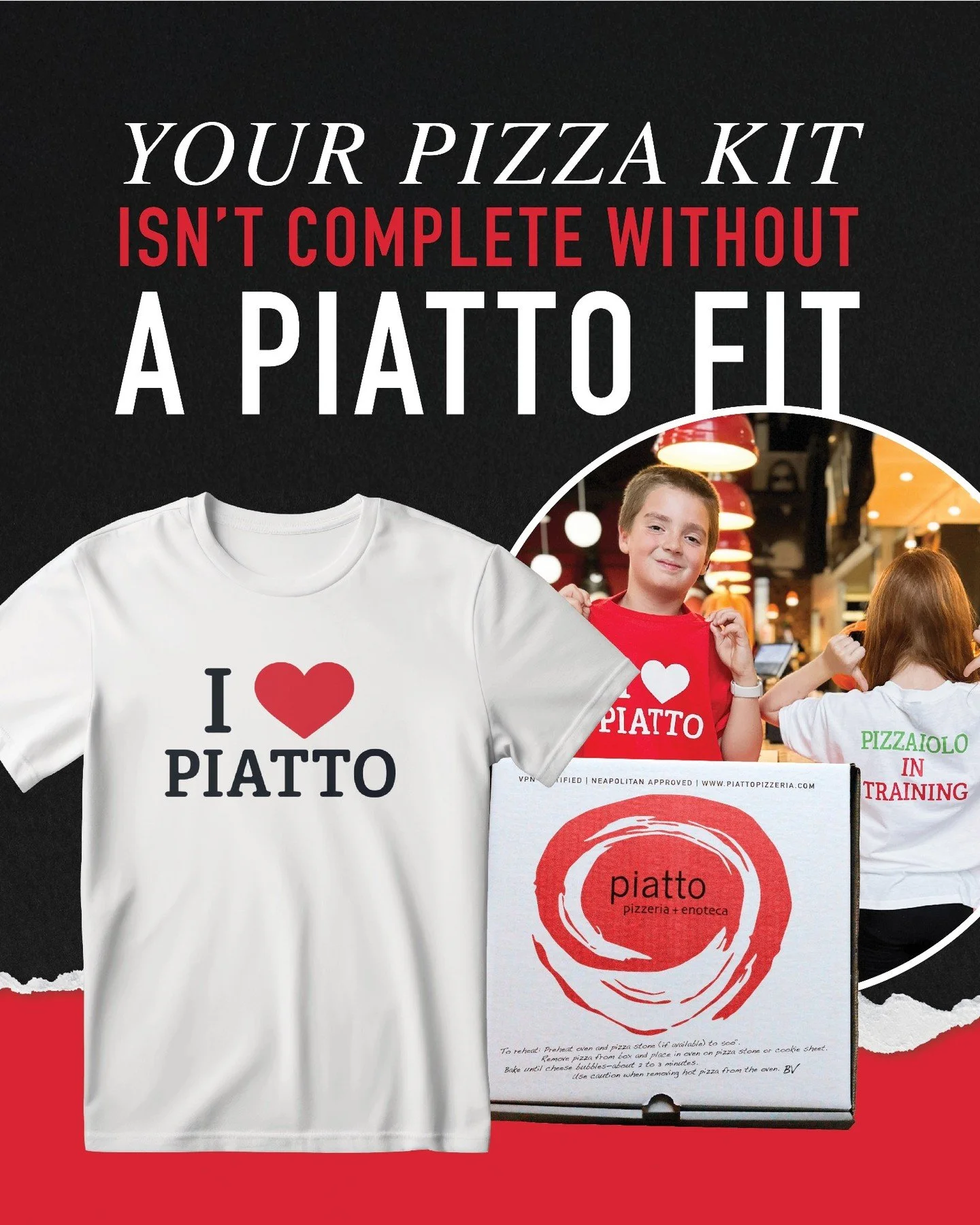 &hearts;️ 🍕 Bring home a Piatto Pizza Kit and add a Piatto T-shirt for just $10

Our kits include everything you need to craft two 11&rdquo; wood-fired masterpieces right in your own kitchen. And because every pizzaiolo needs the proper uniform, you