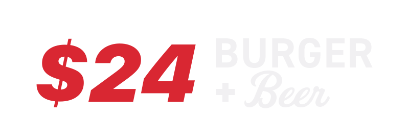 Promotional sign displaying special offer for a burger and a beer for $24.
