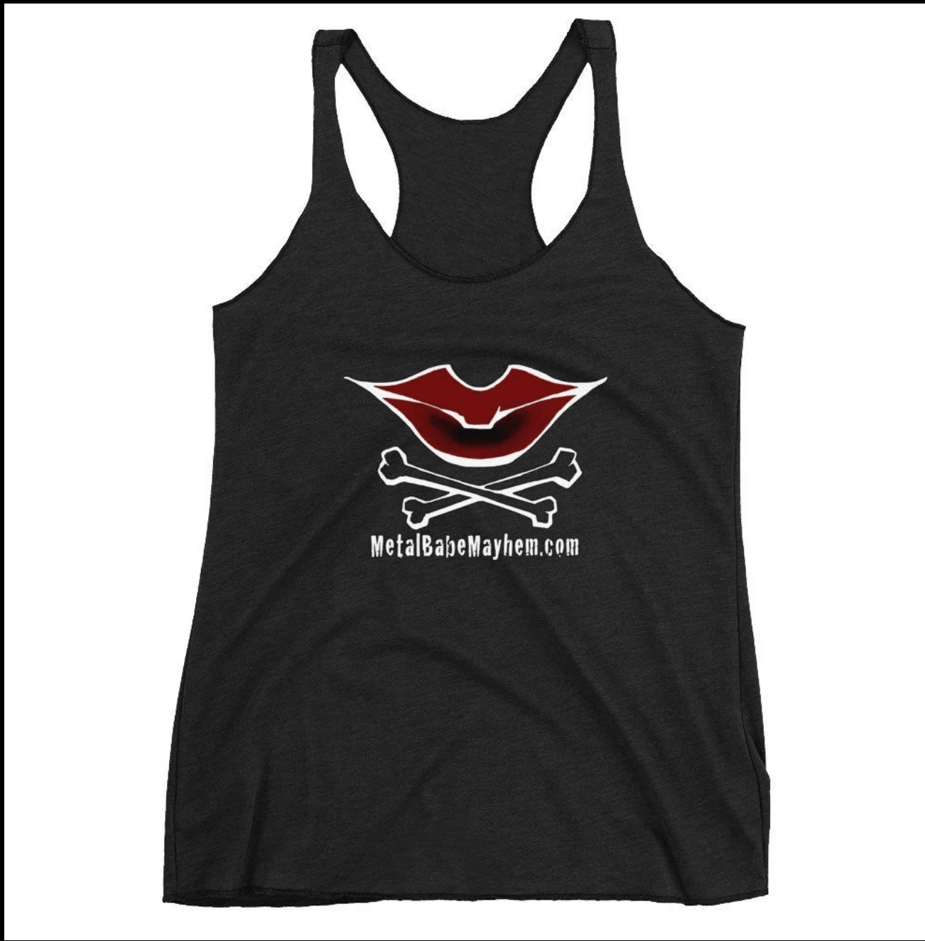 Black tank top featuring a design of red lips, a black mustache, crossed bones, and the text 'MetalBabeMayhem.com'.