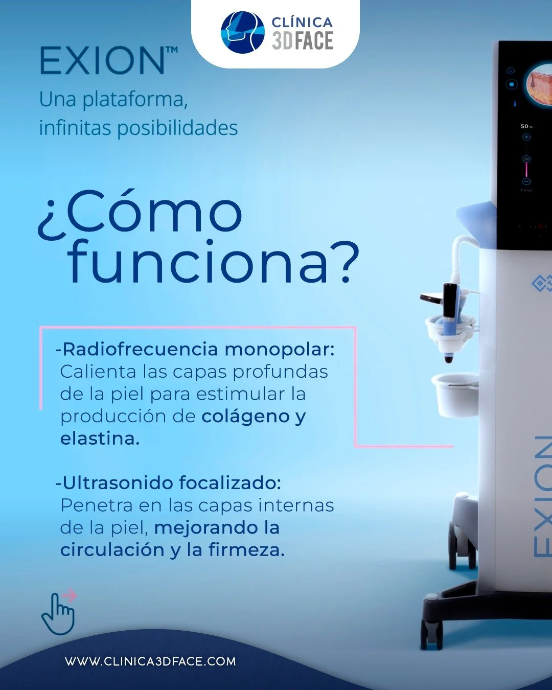 &iquest;Qu&eacute; es EXION Rejuvenecimiento Facial?

EXION facial es un tratamiento que combina radiofrecuencia monopolar y ultrasonido focalizado para estimular la producci&oacute;n de col&aacute;geno, elastina y &aacute;cido hialur&oacute;nico en 