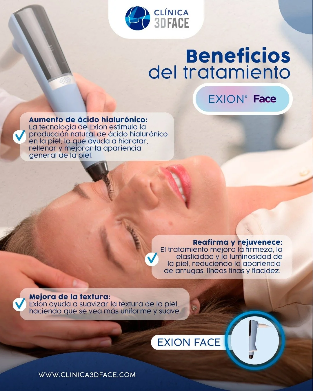 El servicio de tratamiento facial completo con Exion es una opci&oacute;n no invasiva que busca rejuvenecer la piel mediante la estimulaci&oacute;n de la producci&oacute;n de &aacute;cido hialur&oacute;nico, col&aacute;geno y elastina. Este tratamien