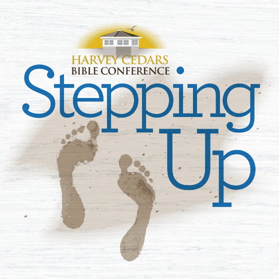 Event banner for Harvey Cedars Bible Conference with the title 'Stepping Up' and footprints on a wooden background.