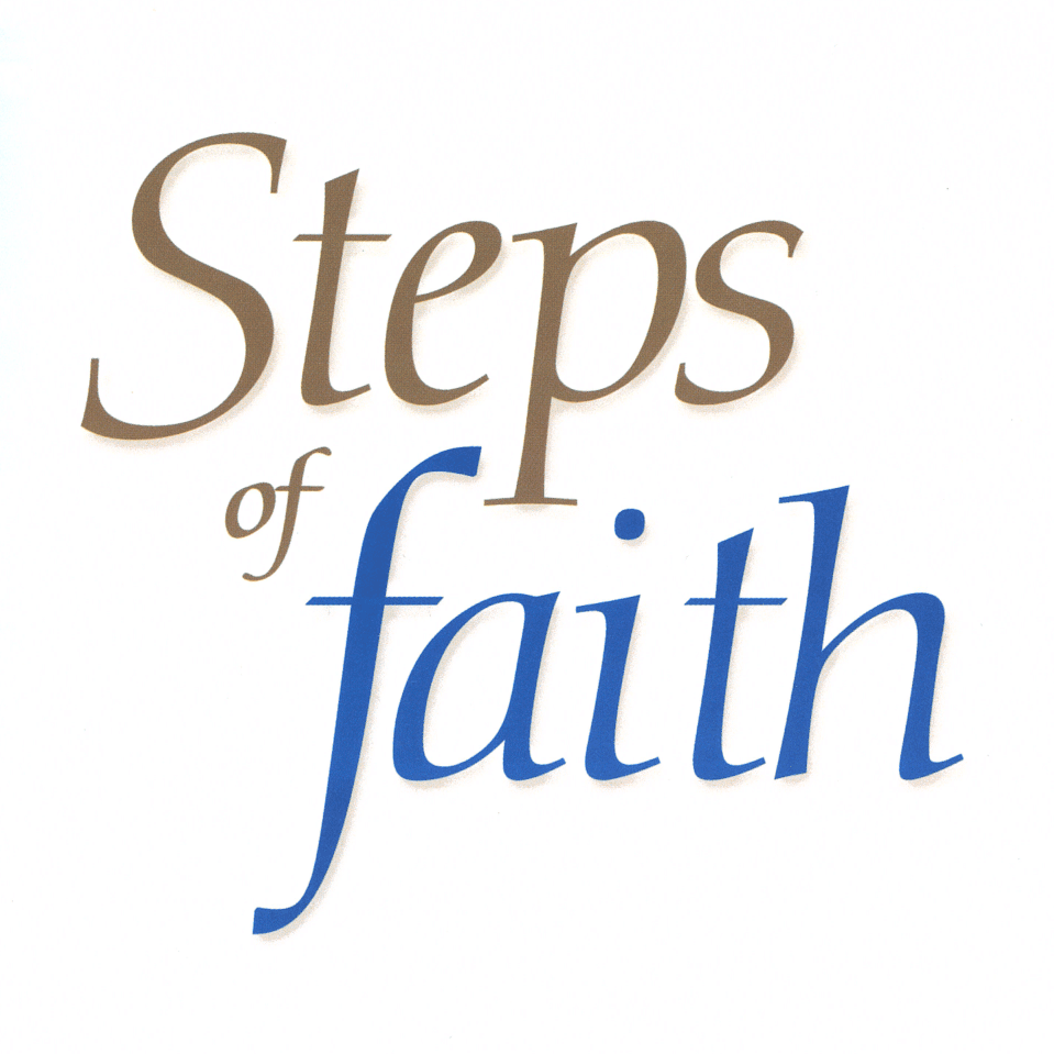 Text on a white background that reads 'Steps of faith' in stylized brown and blue fonts.