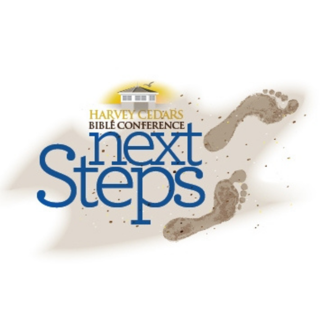 Event logo for Harvey Cedars Bible Conference titled 'Next Steps' with a house image and two footprints in sand.