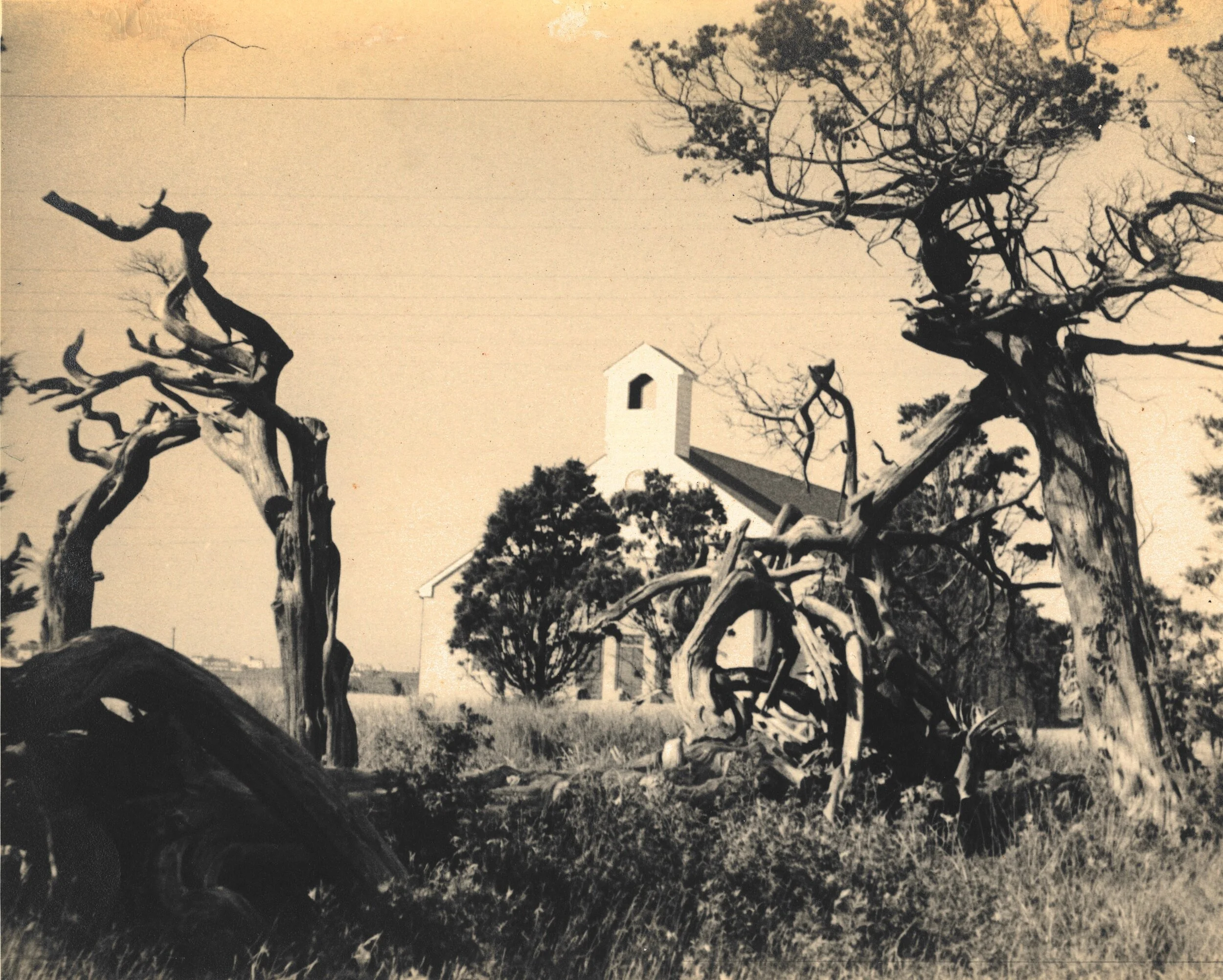 Black and white photograph of a rural landscape featuring twisted, leafless trees, and a small white chapel in the background. The scene is calm and somewhat mysterious.