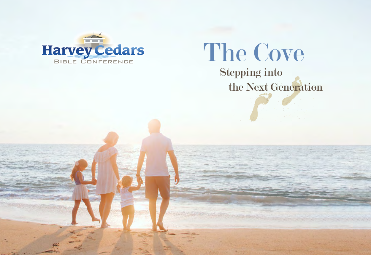 A family walking on a beach at sunset, holding hands, with the ocean in the background and text overlay about Harvey Cedars Bible Conference and spiritual growth.