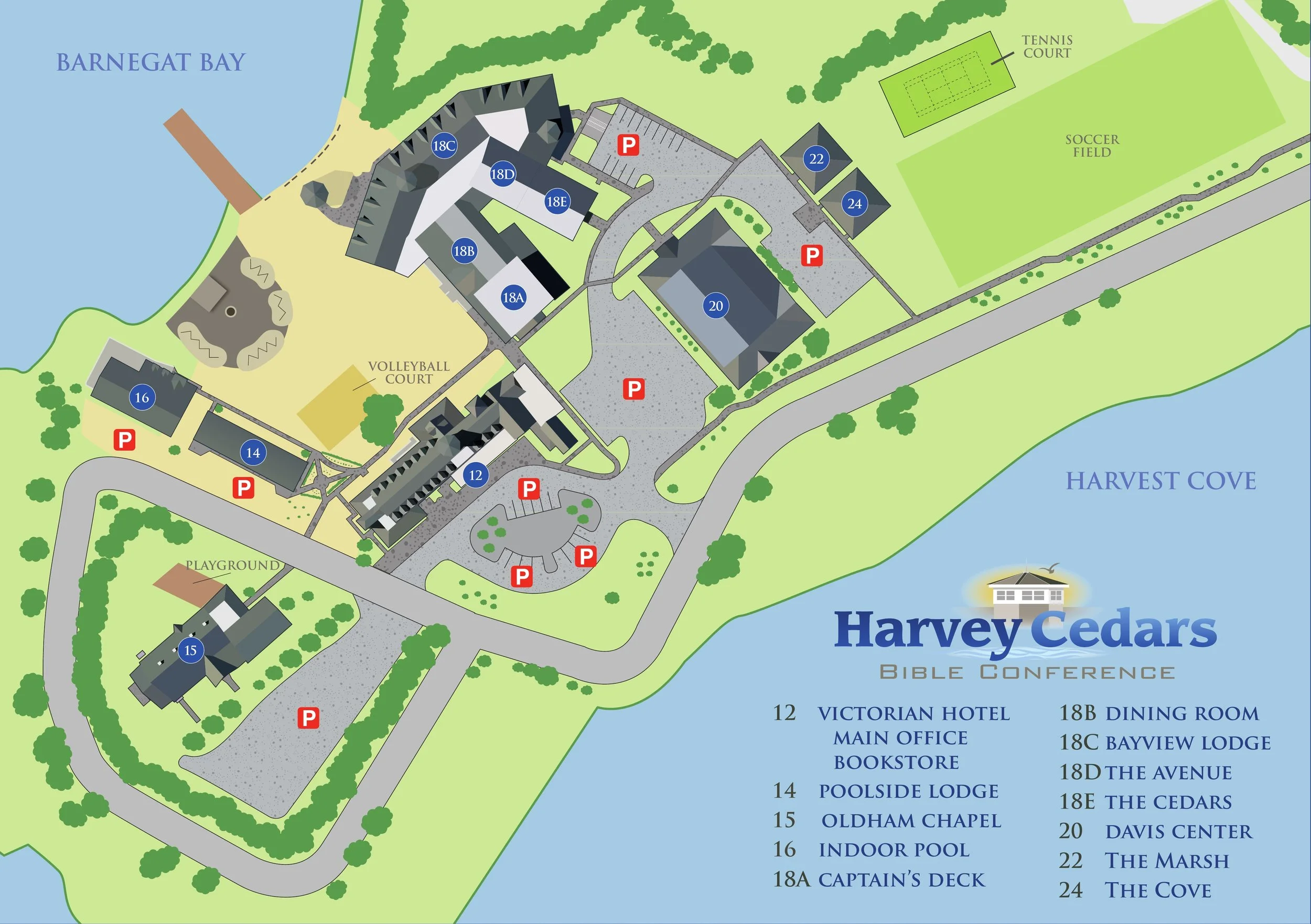 Map of Harvey Cedars Bible Conference showing buildings, parking lots, playground, volleyball court, indoor pool, and proximity to Barnegat Bay and Harvest Cove.