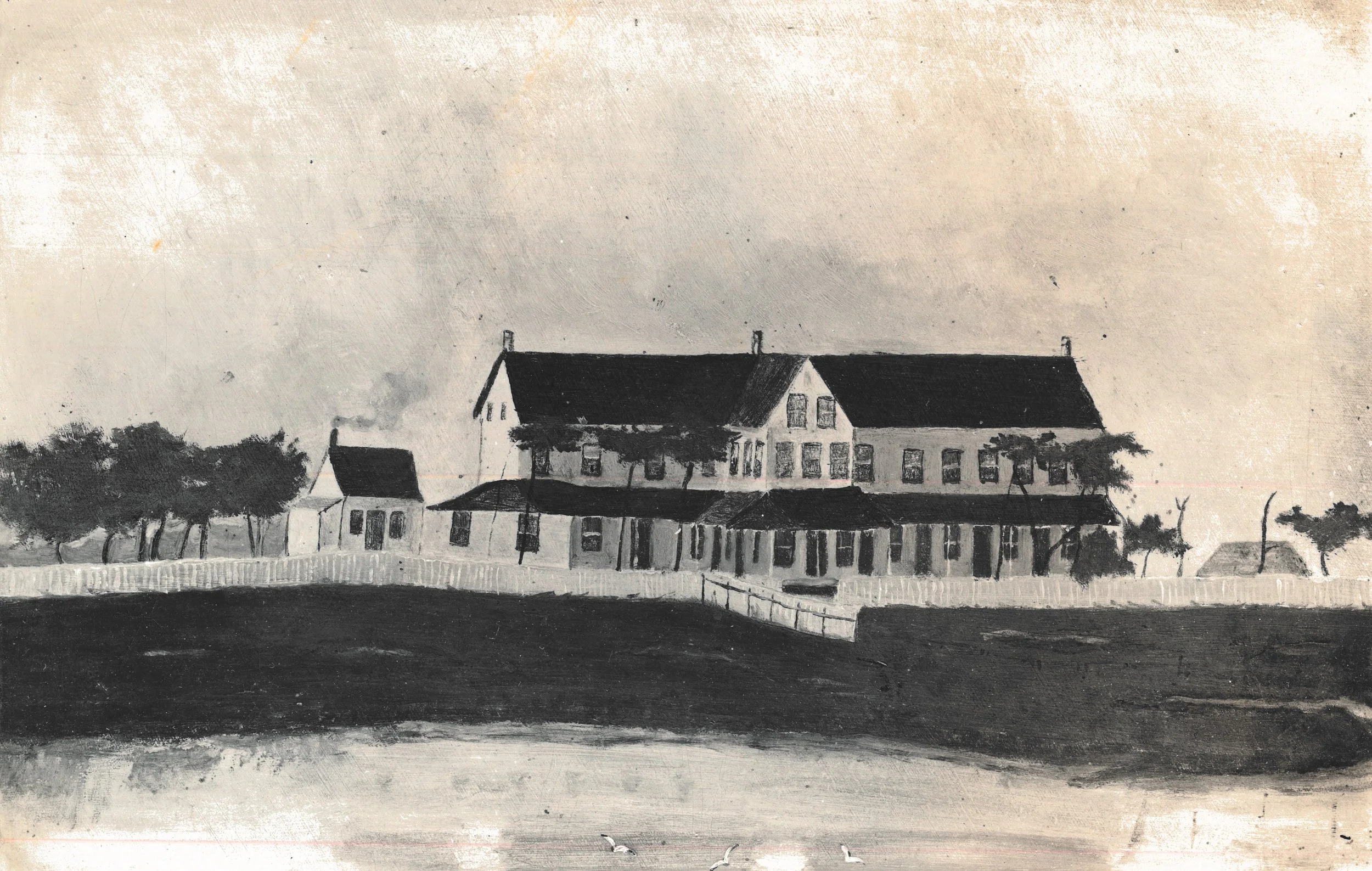 A black and white painting of a large house with multiple stories and windows, surrounded by trees, with a white picket fence in front and a house chimney emitting smoke, under a gradient sky.
