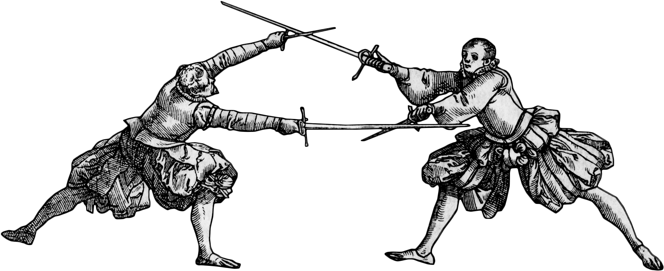 Two men dressed in historical fencing attire engaged in a sword fight, wearing historical outfits.