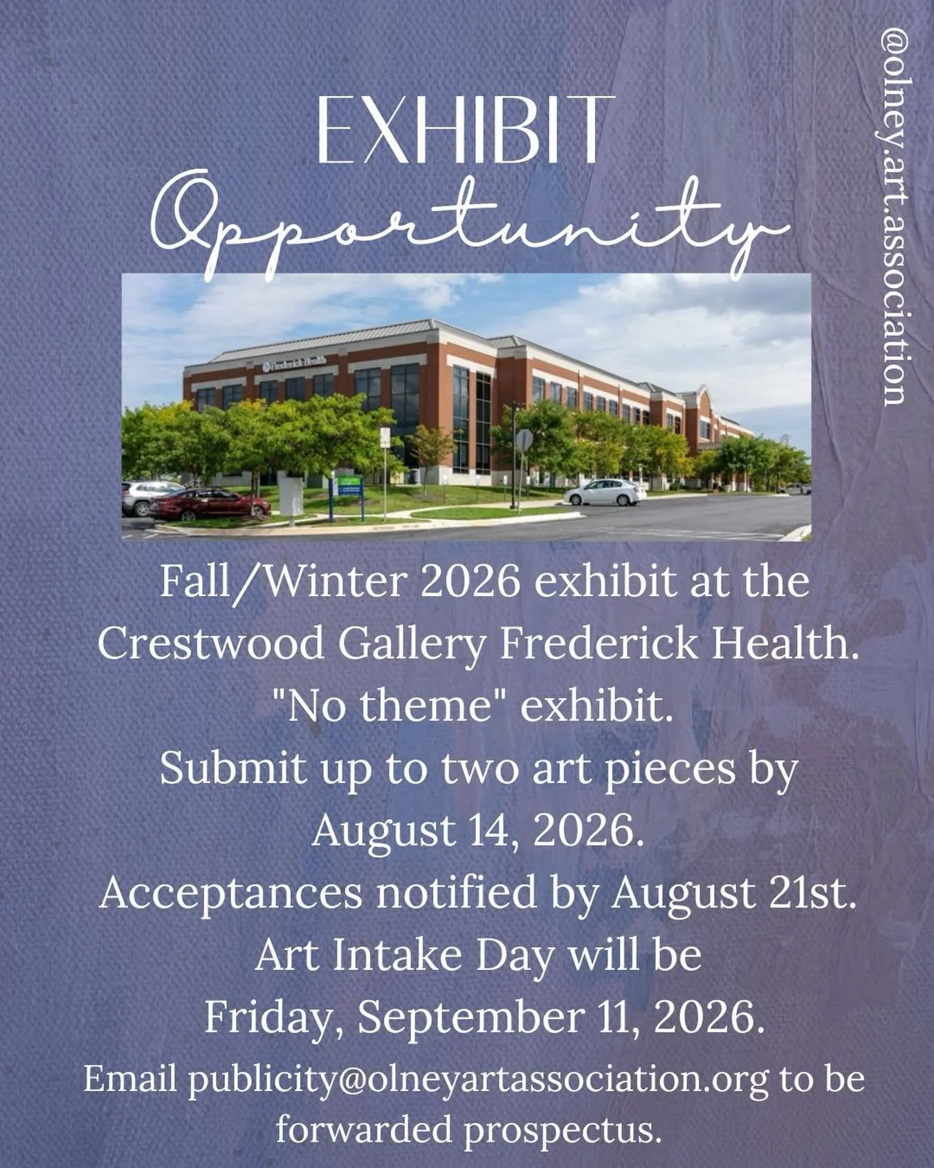 Another local exhibition opportunity is coming up soon! 

Want more info or to submit your work?

Email publicity@olneyartassociation.org letting us know and we&rsquo;ll reply with a copy of the prospectus. 

#olneymd #marylandart #marylandartist #fr