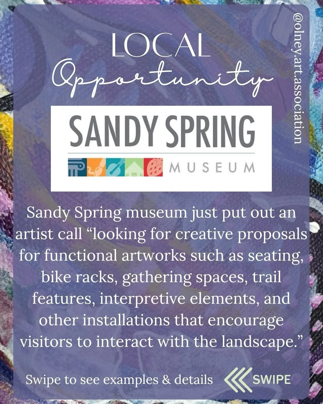 Sandy Spring Museum has just put out an artist call for local artists in Maryland, DC, and Virginia who create functional outdoor pieces. 

Is this you? Or know someone who&rsquo;d be interested? 

Details can be found on Sandy Spring Museum&rsquo;s 