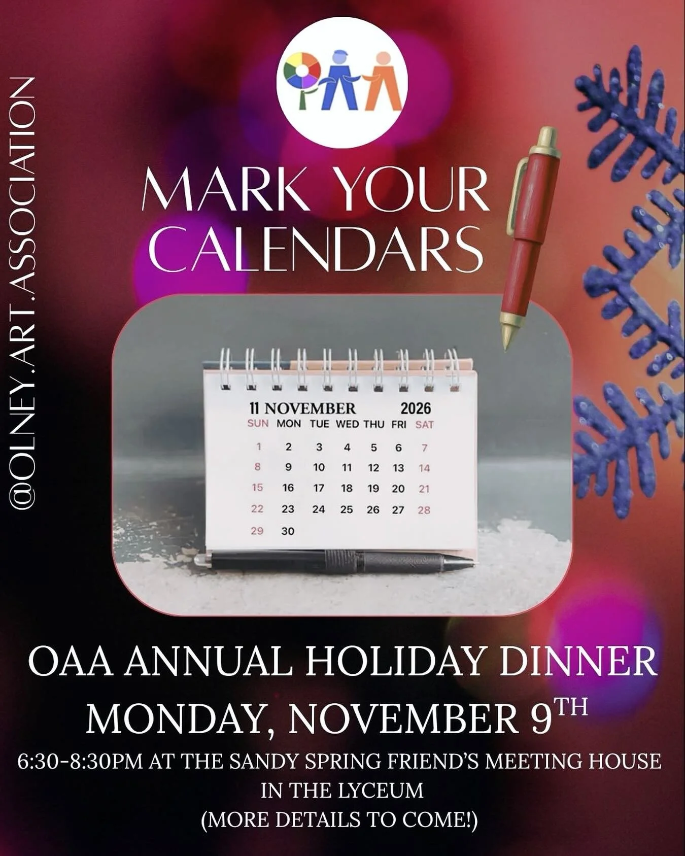 We know how busy everyone&rsquo;s calendars get towards the end of the year so we wanted to share this information early. 

OAA Members- Please mark your calendars for our annual holiday dinner! 

🗓️ Monday, November 9th, 2026

🕡 6:30-8:30pm 

📍Sa