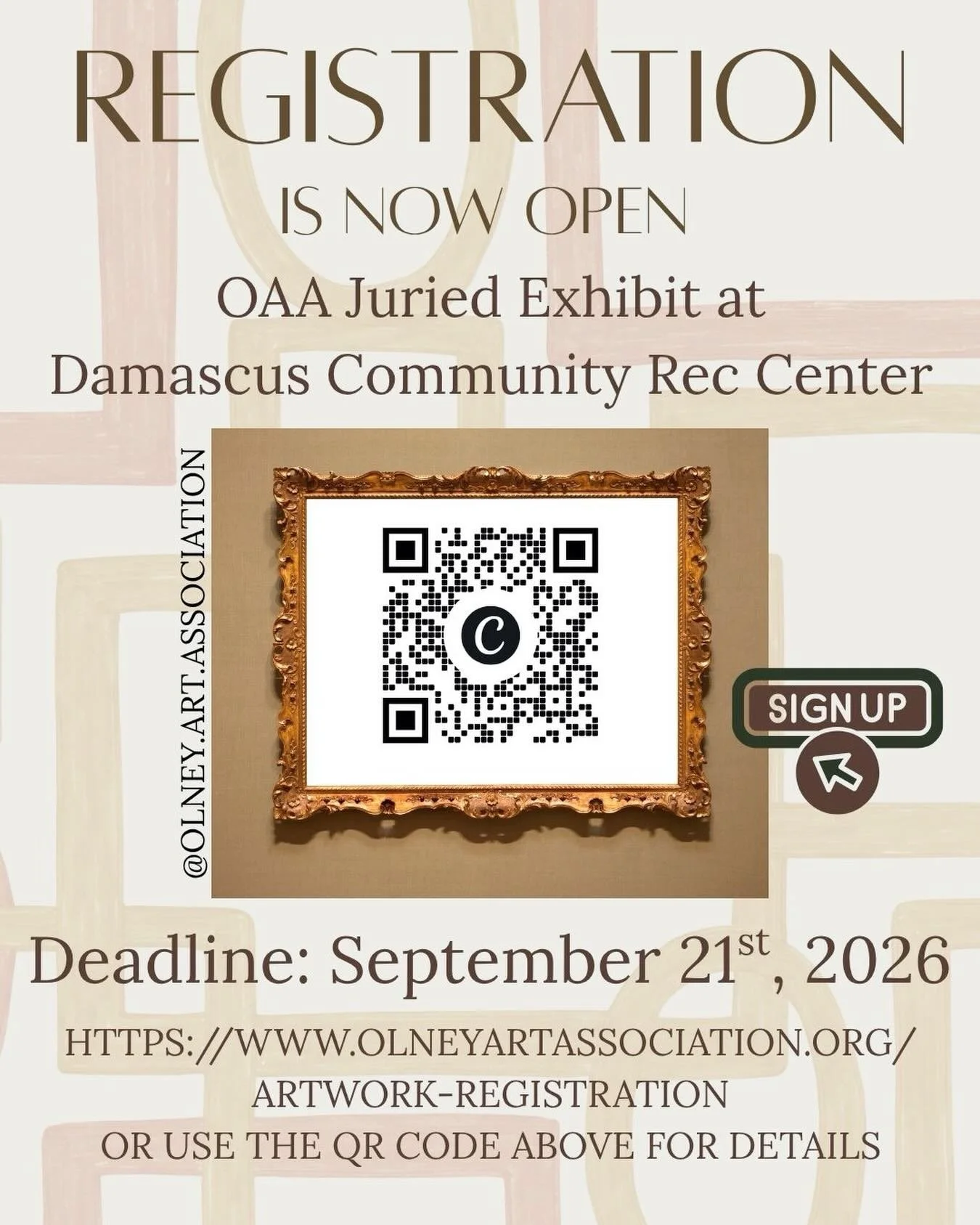 Are you an OAA Member interested in joining us for our next group show? 

Registration for our upcoming exhibit at the Damascus Community Recreation Center is now open. 

Use the QR code or visit https://www.olneyartassociation.org/artwork-registrati