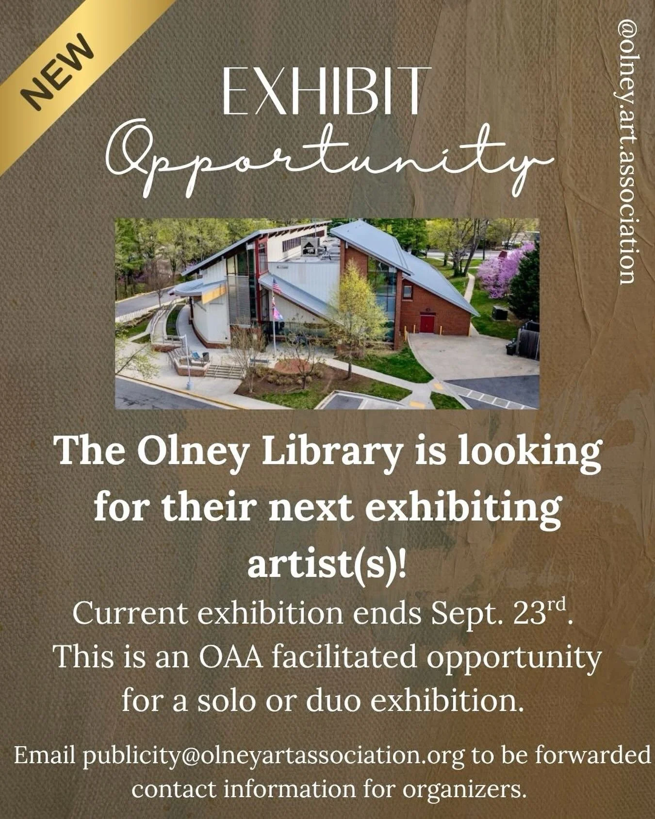 📣 Exhibition Opportunity!! 📣

The Olney Library is looking for the next OAA member(s) that would like to exhibit in their space.

This opportunity is open to members interested in a solo or duo show. The current show comes down later this month and