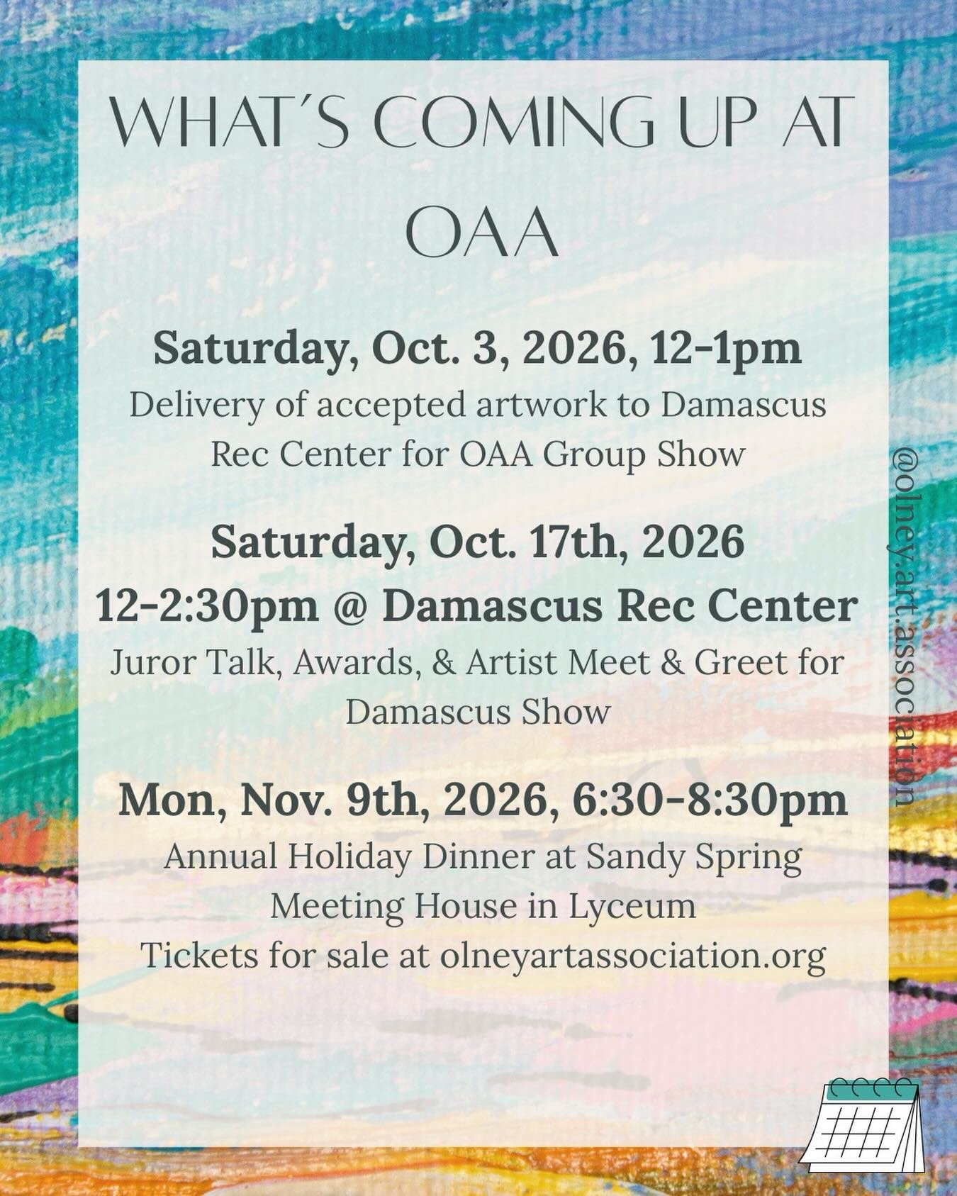 Mark your calendars!

We&rsquo;ve got some fun stuff going on at OAA over the next month, including our annual juried art show and holiday dinner.

Hope to see you at both! 

#olneymd #damascusmd #olneyartassociation #marylandartist #mocomd