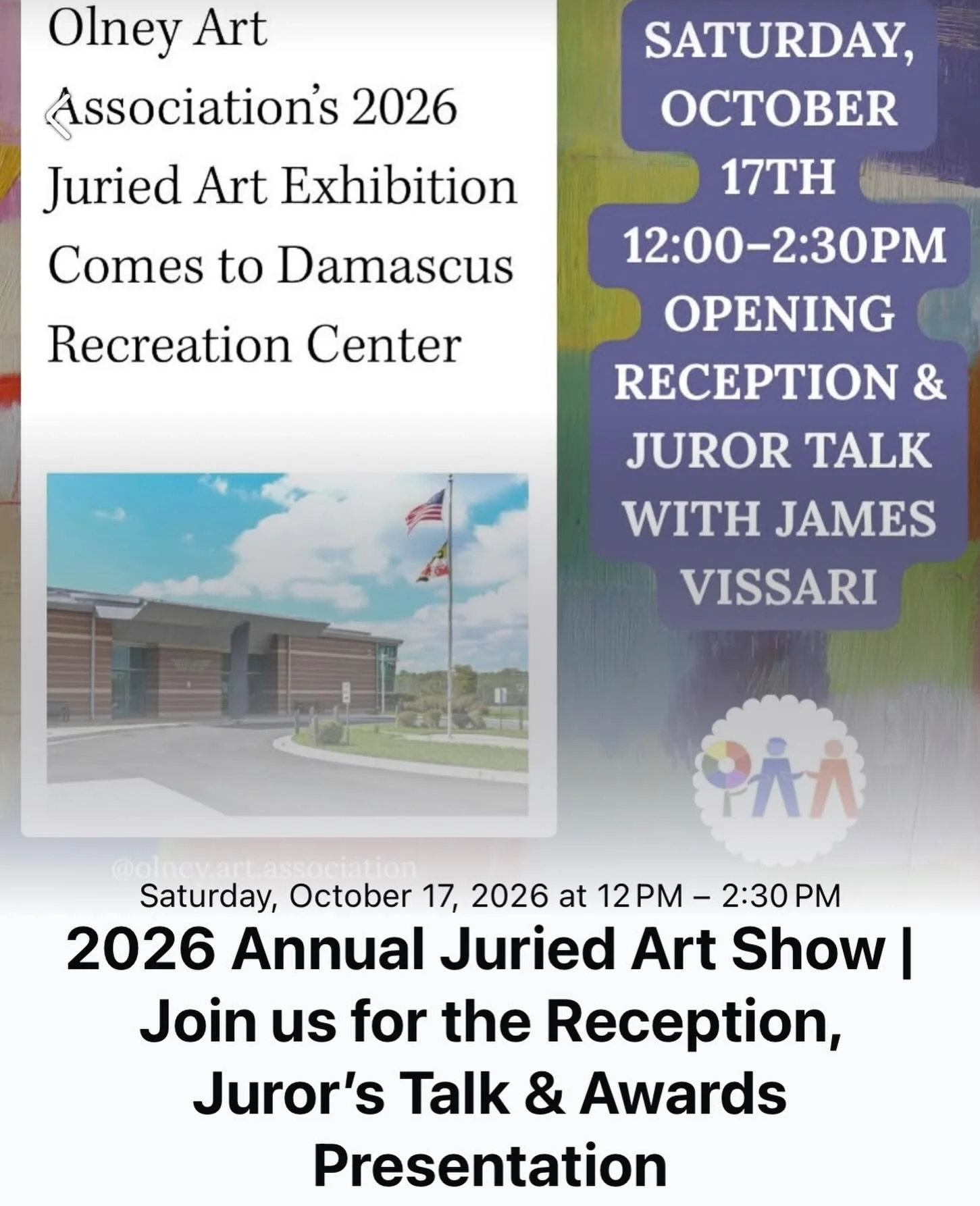 We&rsquo;d love to have you join us for our upcoming opening reception, award ceremony, and artist talk for our 2026 Juried Art Show!

This event is open to the public.

🗓️ Saturday, Oct 17th
⏰ 12-2:30pm
📍Damascus Community Rec Center

#localart #o