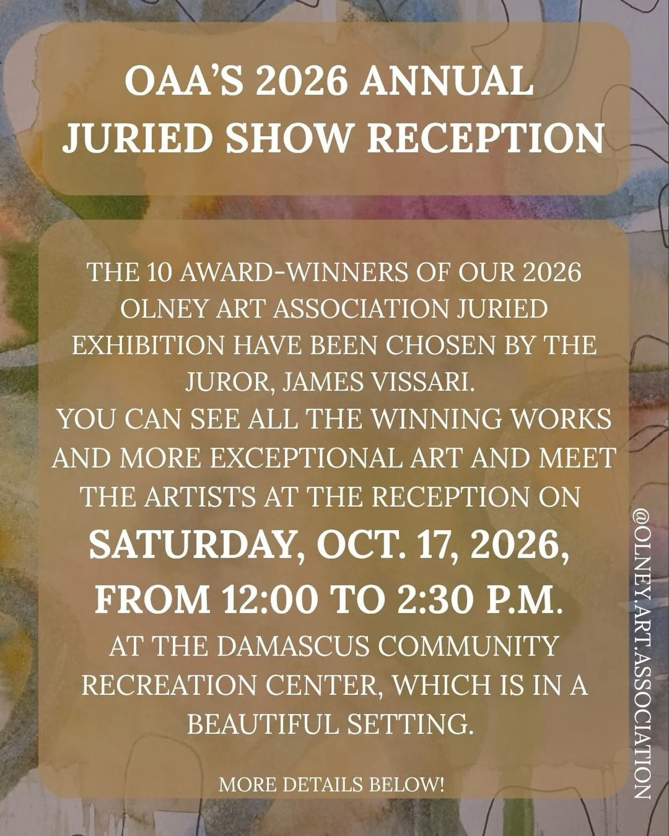 We&rsquo;re excited for the upcoming opening reception for our 2026 Juried Show. 

It is easy to get the Damascus Community Recreation Center.  It is off Ridge Road, and you can get to Ridge Road via I270, Brink Road or Rockville Pike.  Brink Road wo