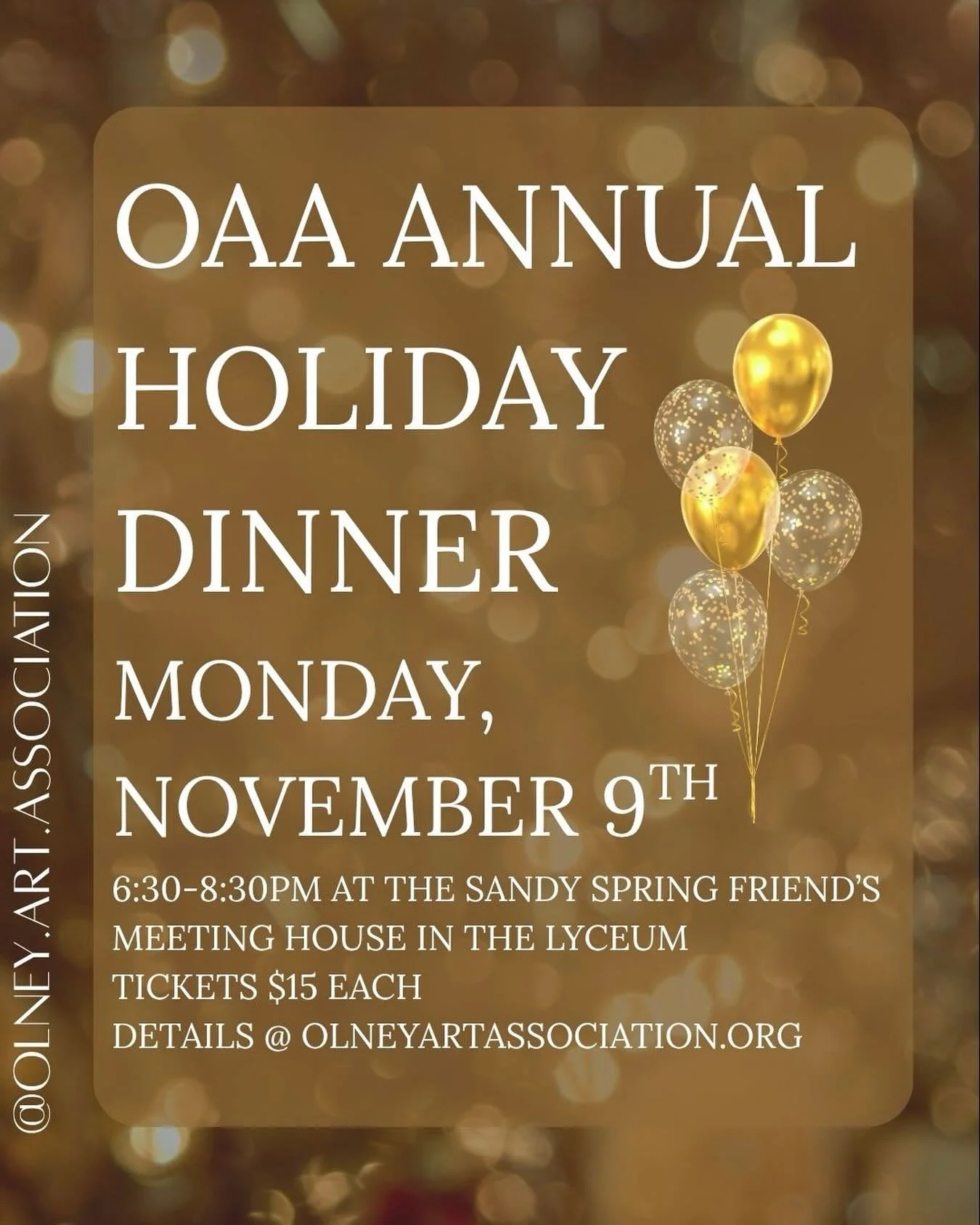 OAA&rsquo;s annual holiday party is less than a month away! 

We hope you&rsquo;ll join us for an evening of good food and community. 

🗓️ Monday, November 9th
⏰ 6:30-8:30pm 
📍 Sandy Spring Friends Meeting House Lyceum Building 
💳 $15/person 
🍽️ 