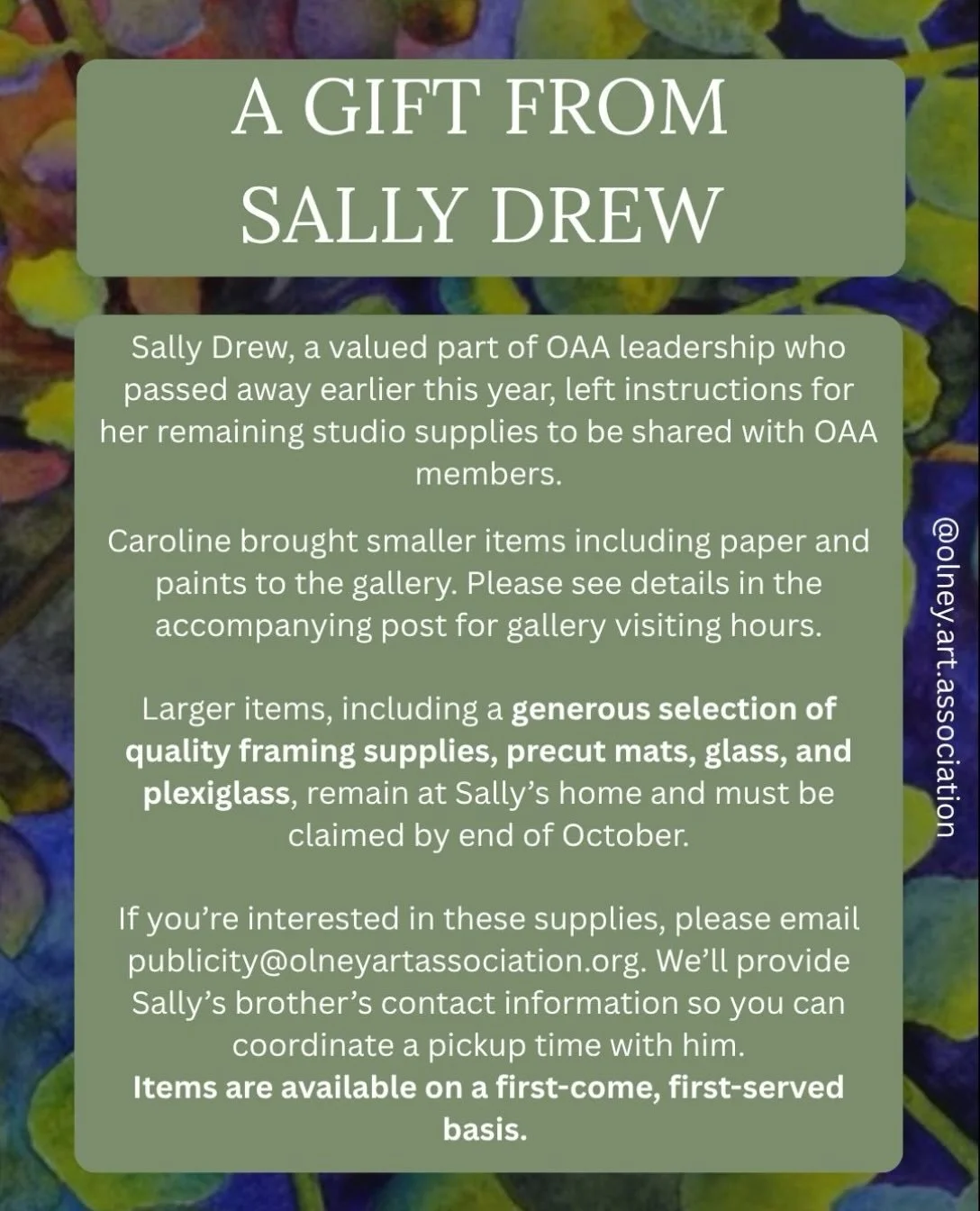 Sally Drew was a valued member of the Olney Art Association (OAA) who passed away earlier this year. In keeping with her wishes, the remaining supplies from her studio are being shared with Beachkraft Gallery and OAA members.

🖌️ Art supplies: Water