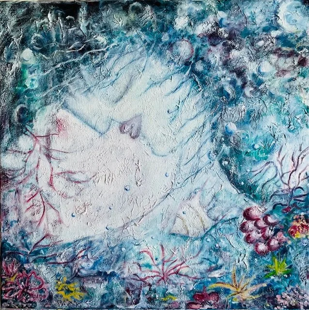 Becton, Sheila, "Whispers of Mother Ocean", mixed media/oil, 23x23", $450