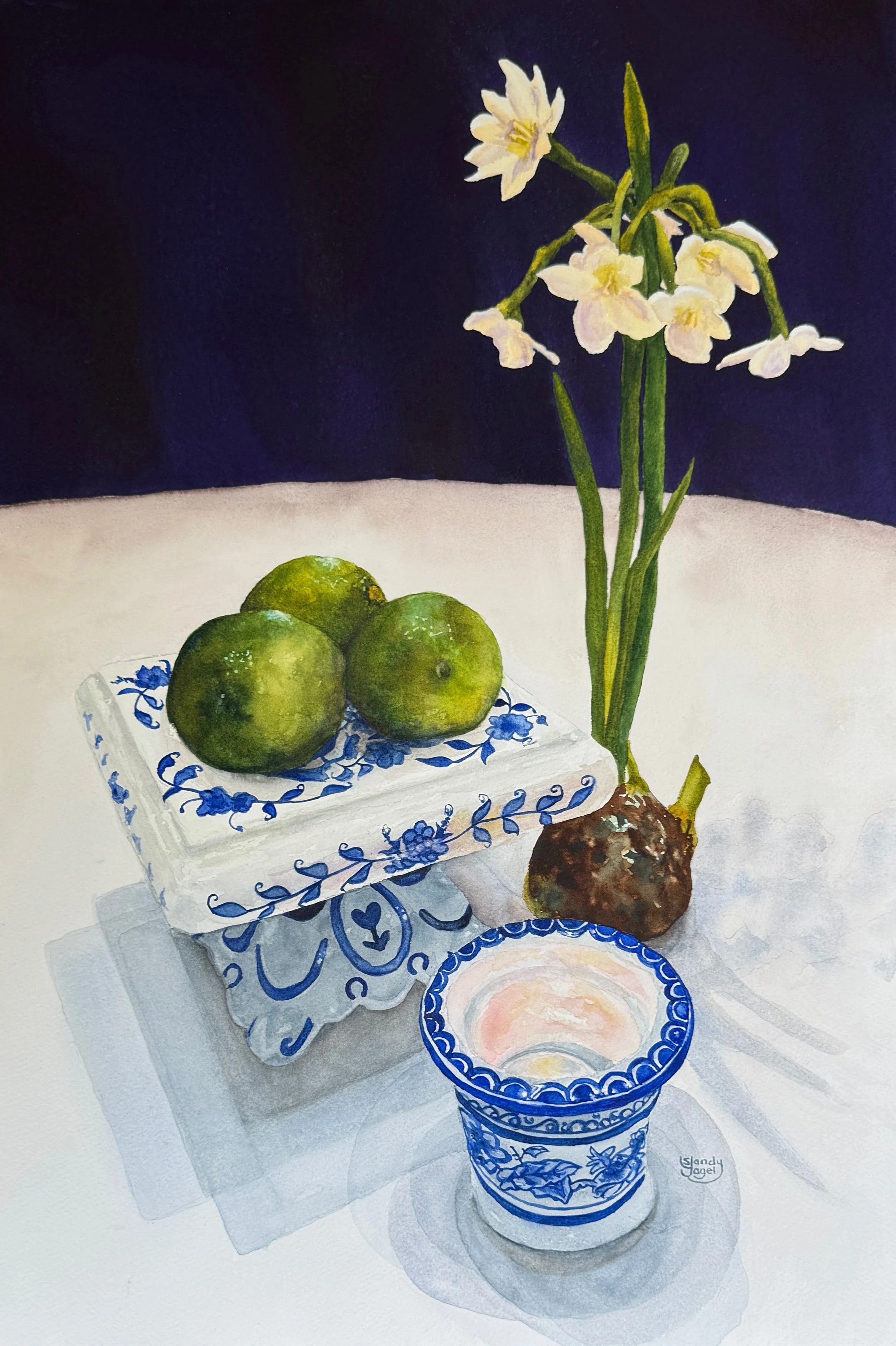 Yagel, Sandra, "Centerpiece", watercolor, 30 x 22",  $700  2026 Juried Exhibition Honorable Mention