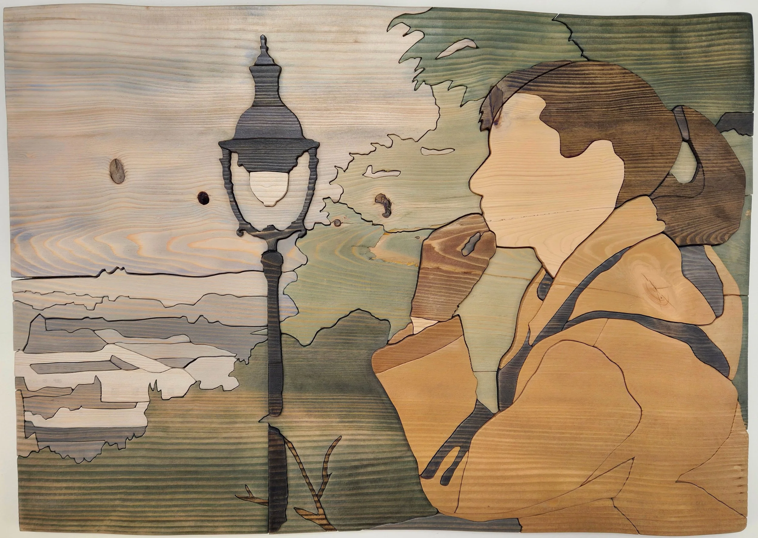 Simon, Carl, "Woman Above the City", Mixed media: Live hemlock board & acrylic washes (board milled from 113-yr
old Pennsylvania hemlock that germinated same year Titanic sank), 19.5x27", $1107