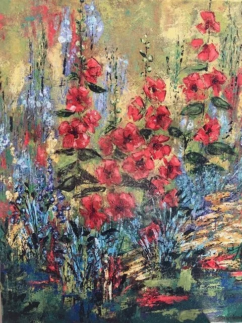 Boudeaux, Sandra, "Hollyhocks". Acrylic  16X 20. $600